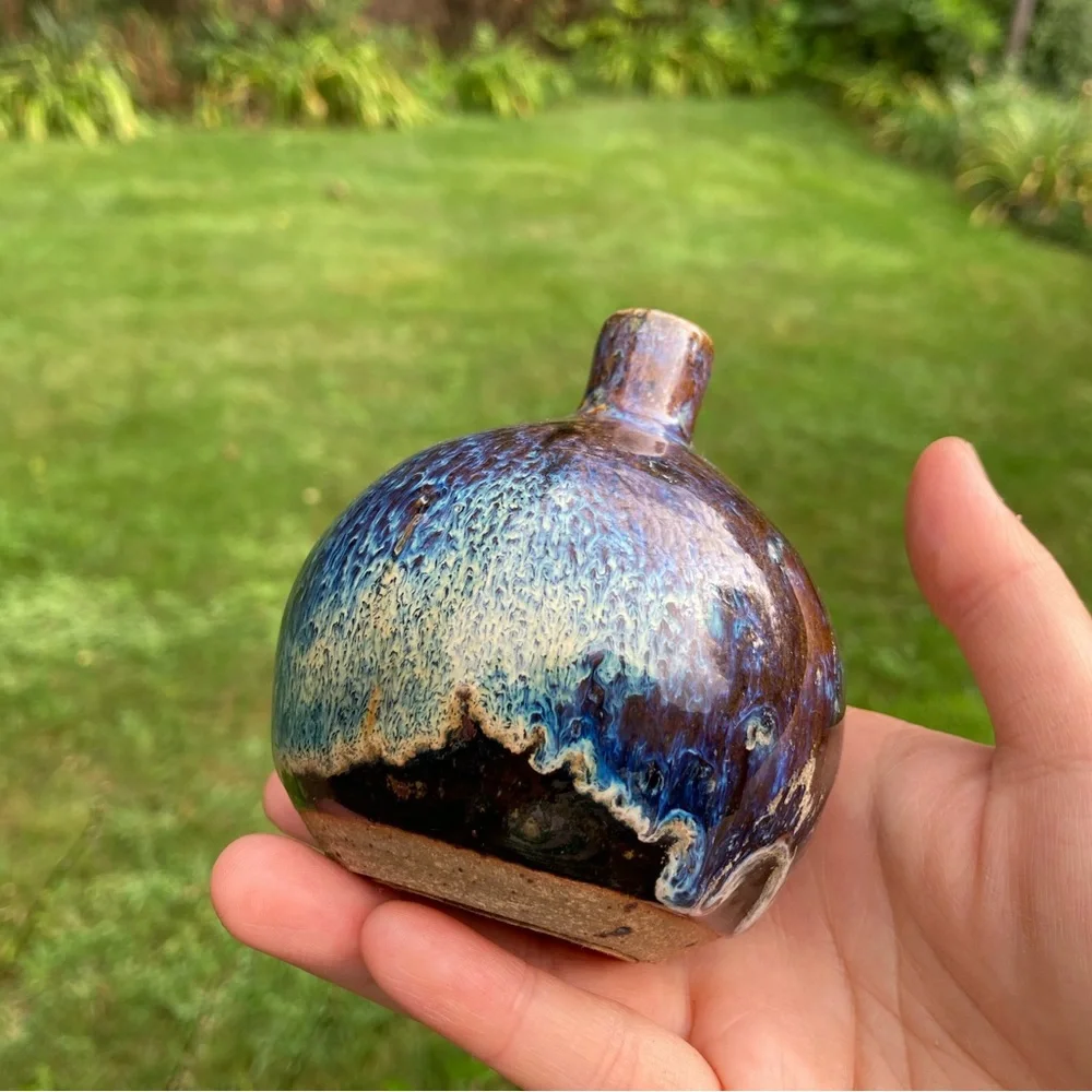 Vintage Brown and Blue Glazed Round Bud Vase - Picture 10 of 13